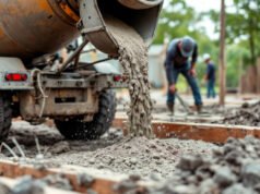 Elegir un proveedor de hormigón confiable garantiza obras sólidas y duraderas Camión mezclador de hormigón descargando en obra, con operarios trabajando en una estructura en construcción
