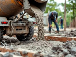Camión mezclador de hormigón descargando en obra, con operarios trabajando en una estructura en construcción
