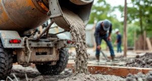 Elegir un proveedor de hormigón confiable garantiza obras sólidas y duraderas Camión mezclador de hormigón descargando en obra, con operarios trabajando en una estructura en construcción